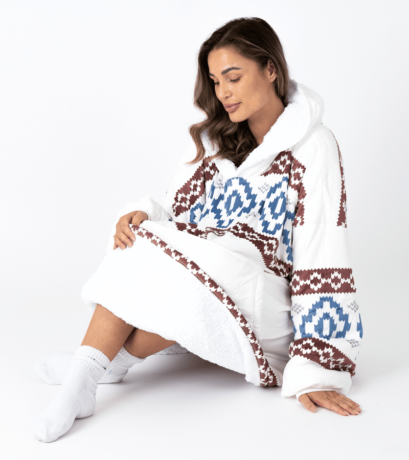 White Aztec Blanket Hoodie with a Sherpa Lining