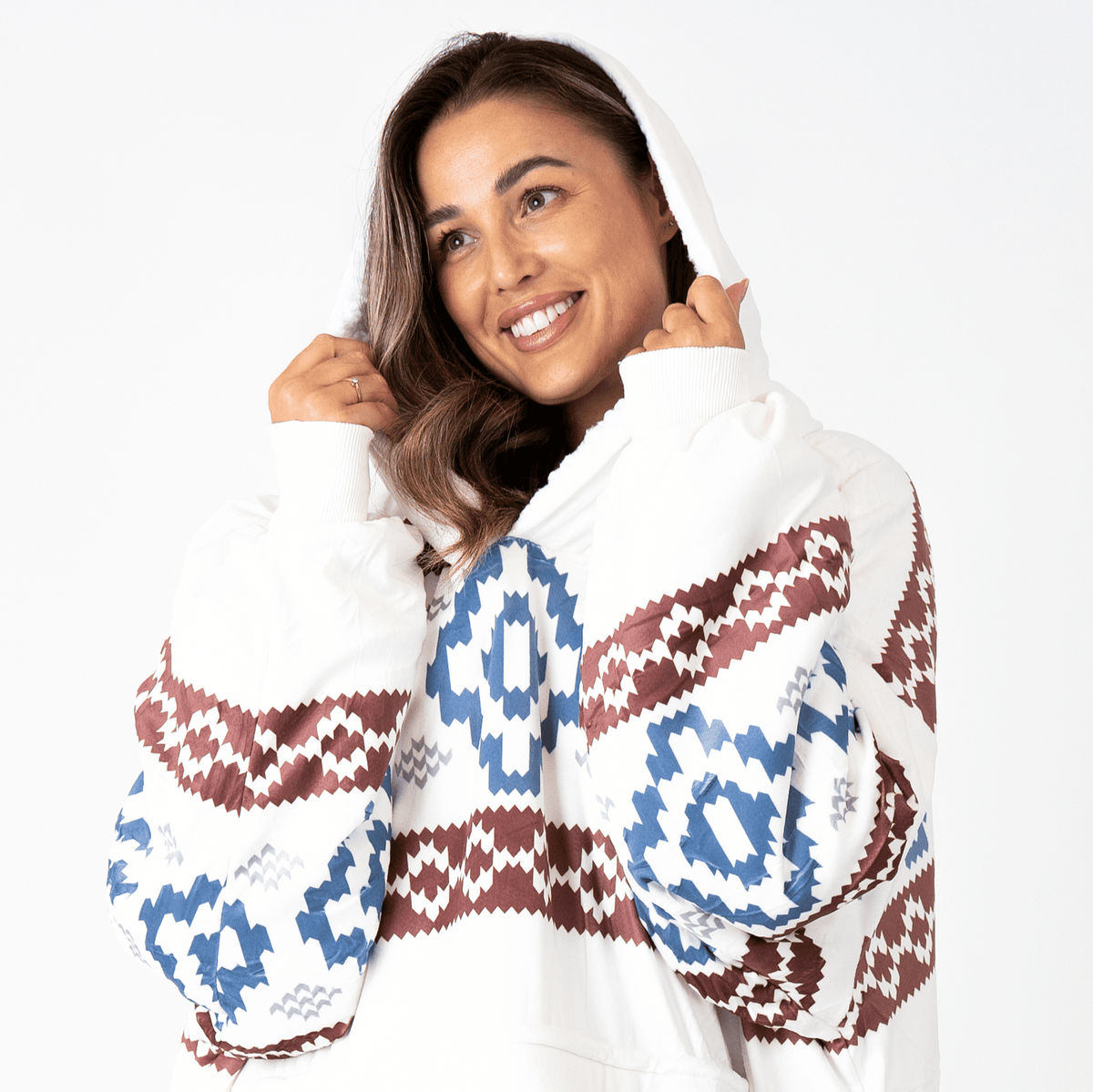 White Aztec Blanket Hoodie with a Sherpa Lining