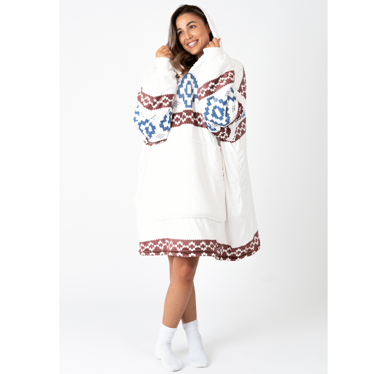 White Aztec Blanket Hoodie with a Sherpa Lining