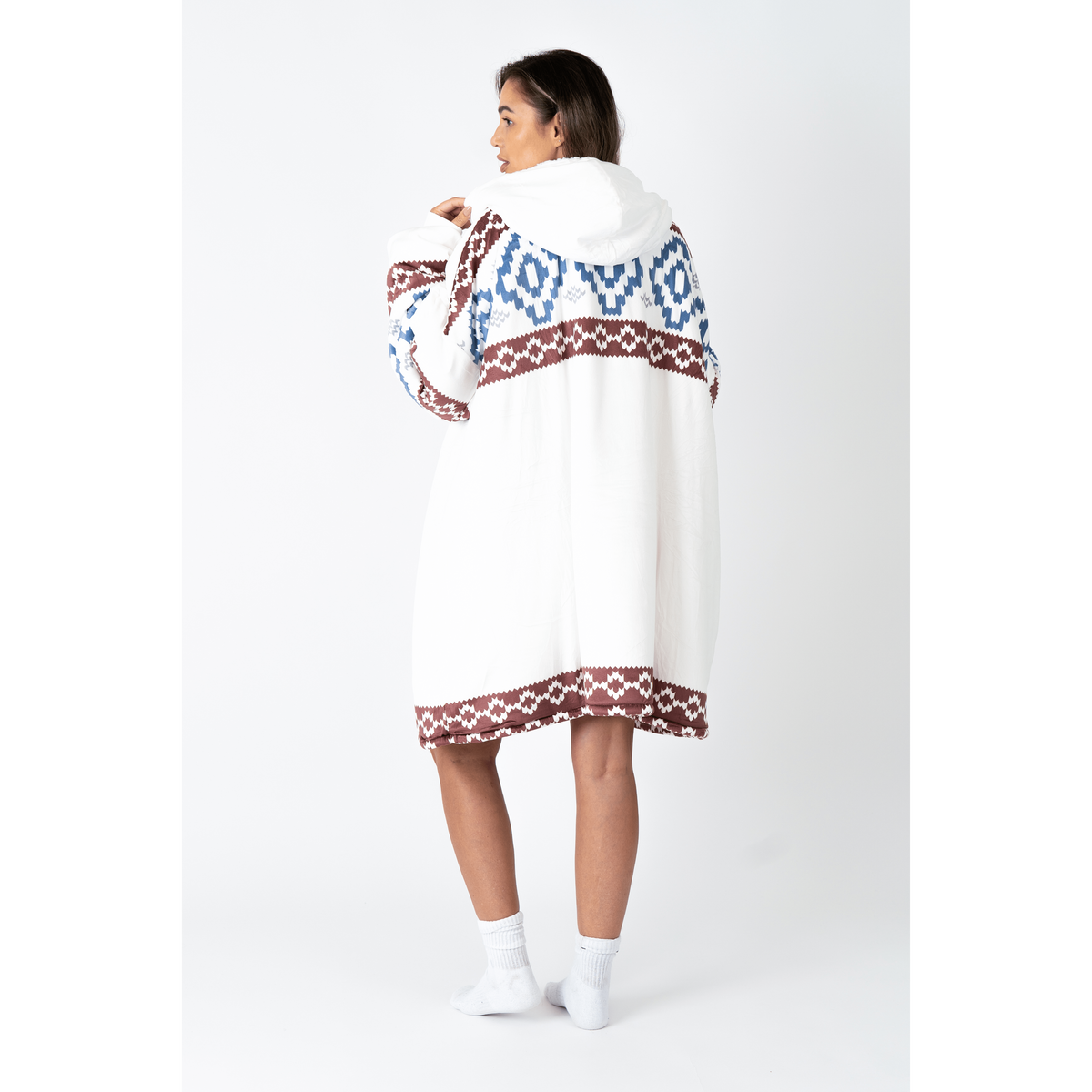 White Aztec Blanket Hoodie with a Sherpa Lining