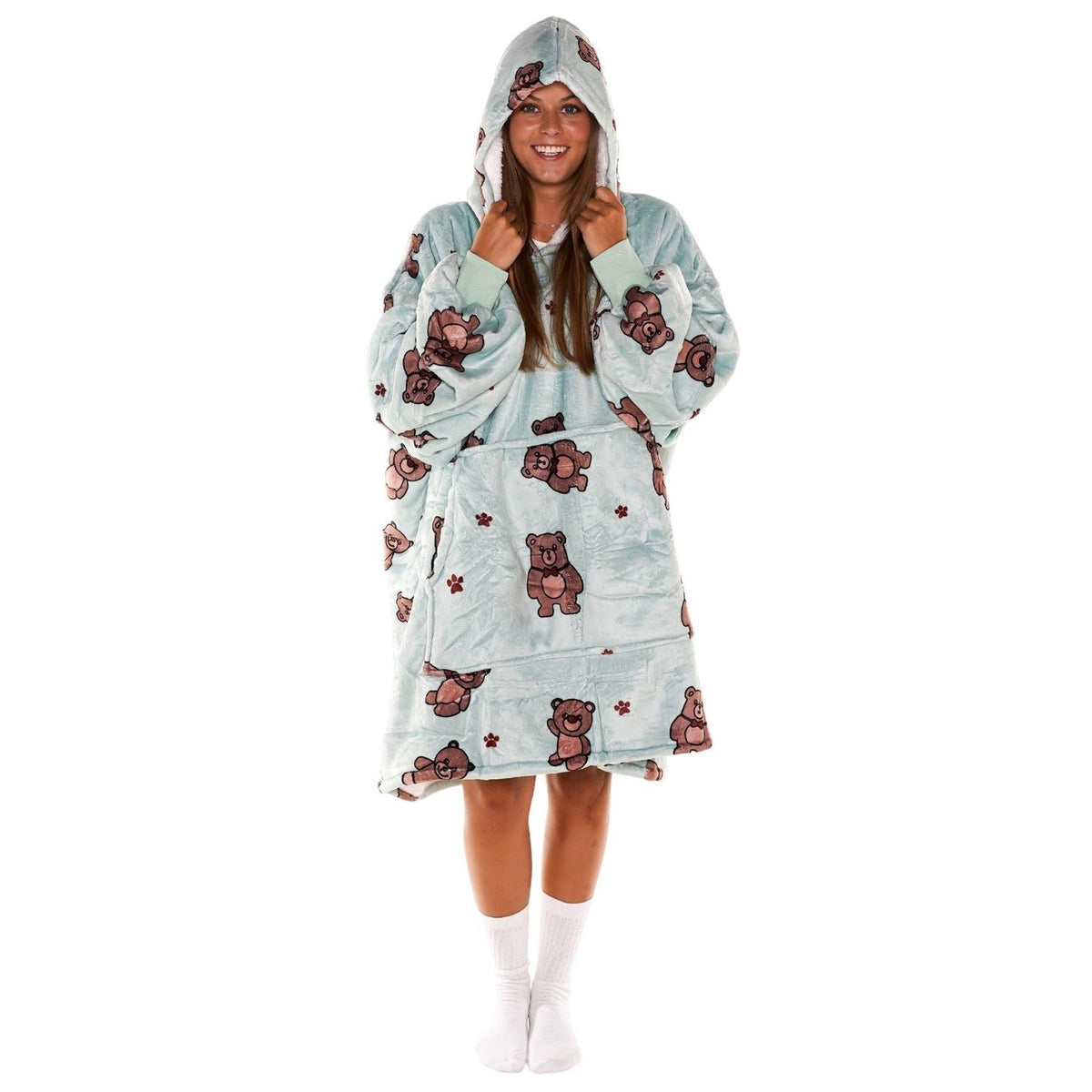 Teddy Bear Print Blanket Hoodie with a Sherpa Lining