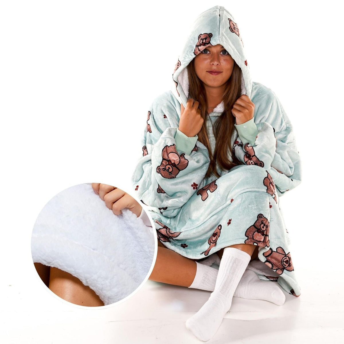 Teddy Bear Print Blanket Hoodie with a Sherpa Lining