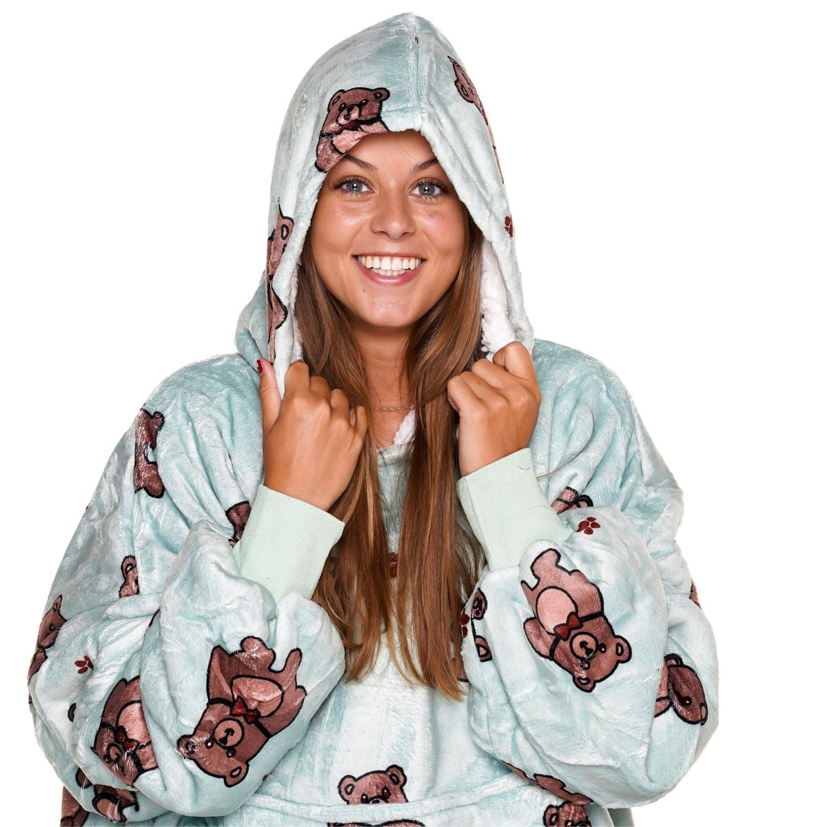 Teddy Bear Print Blanket Hoodie with a Sherpa Lining