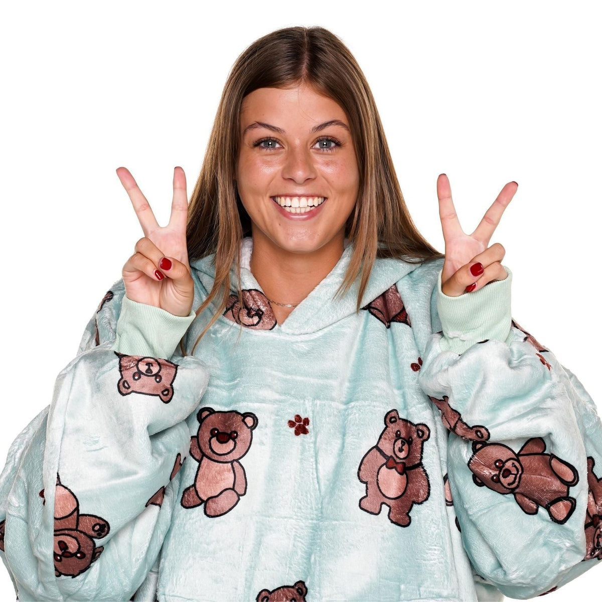 Teddy Bear Print Blanket Hoodie with a Sherpa Lining
