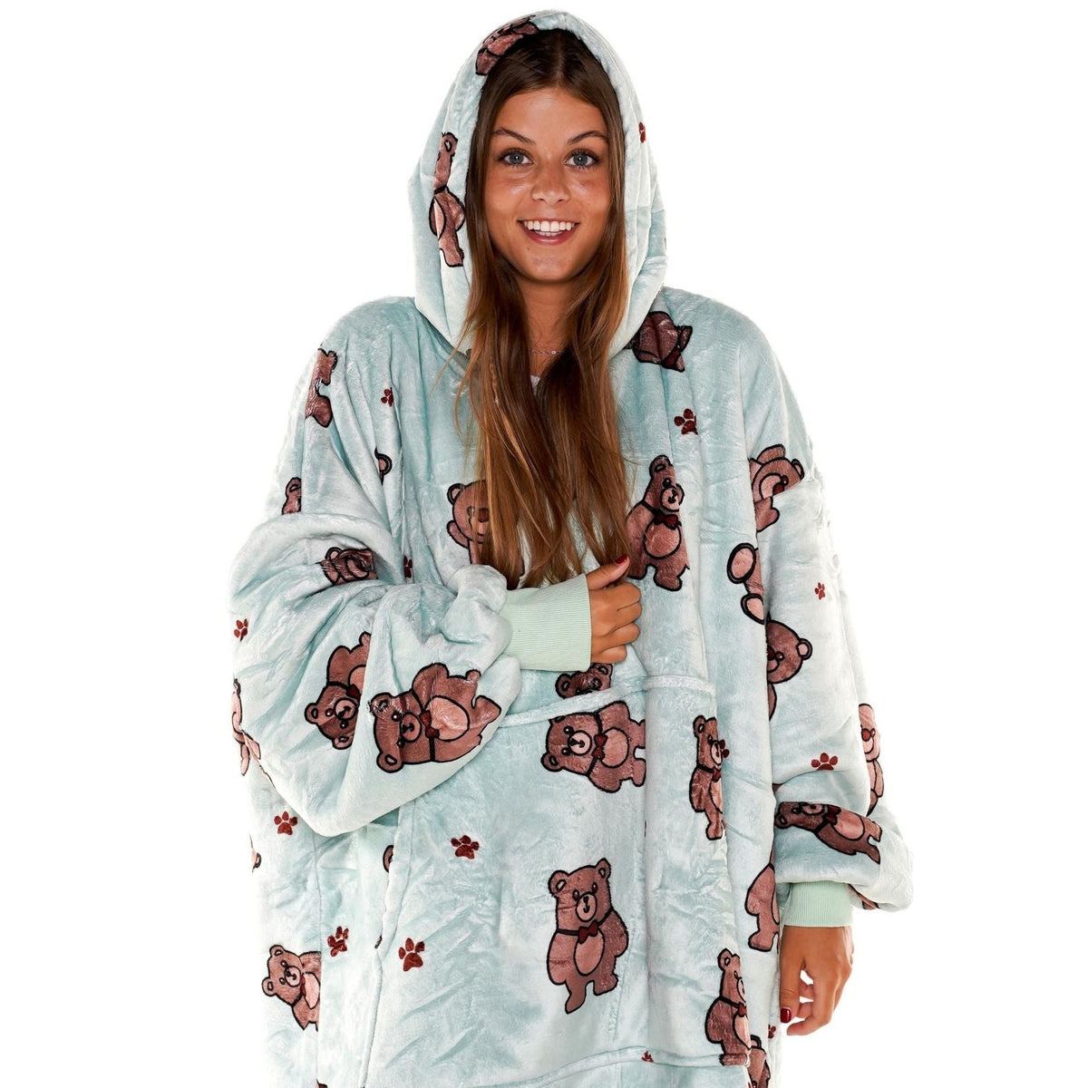 Teddy Bear Print Blanket Hoodie with a Sherpa Lining