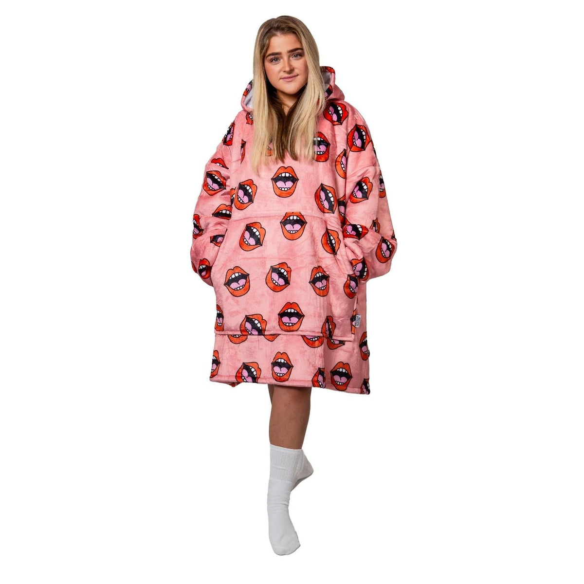 Pink Lips Print Blanket Hoodie with a Sherpa Lining