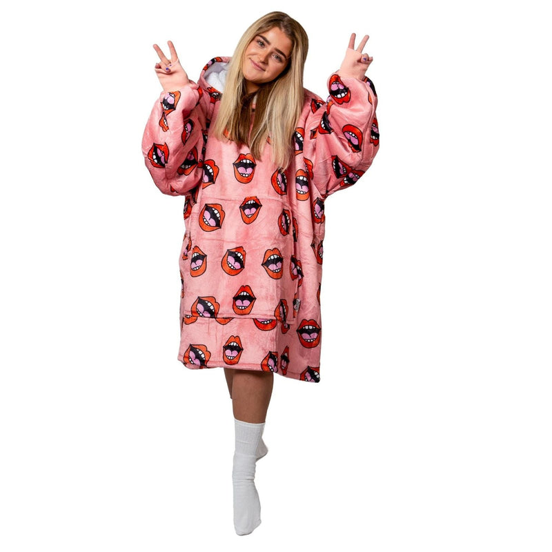 Pink Lips Print Blanket Hoodie with a Sherpa Lining