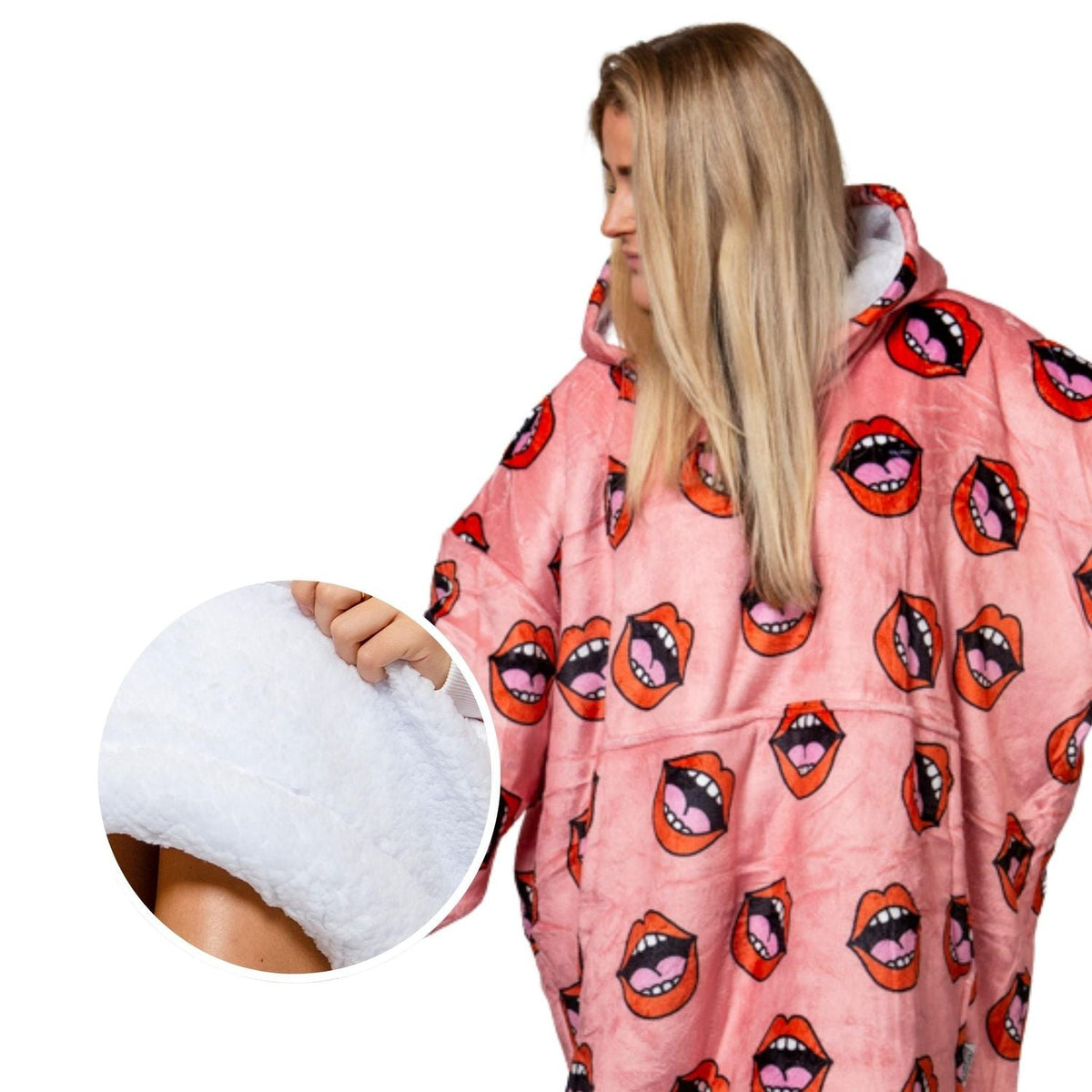 Pink Lips Print Blanket Hoodie with a Sherpa Lining