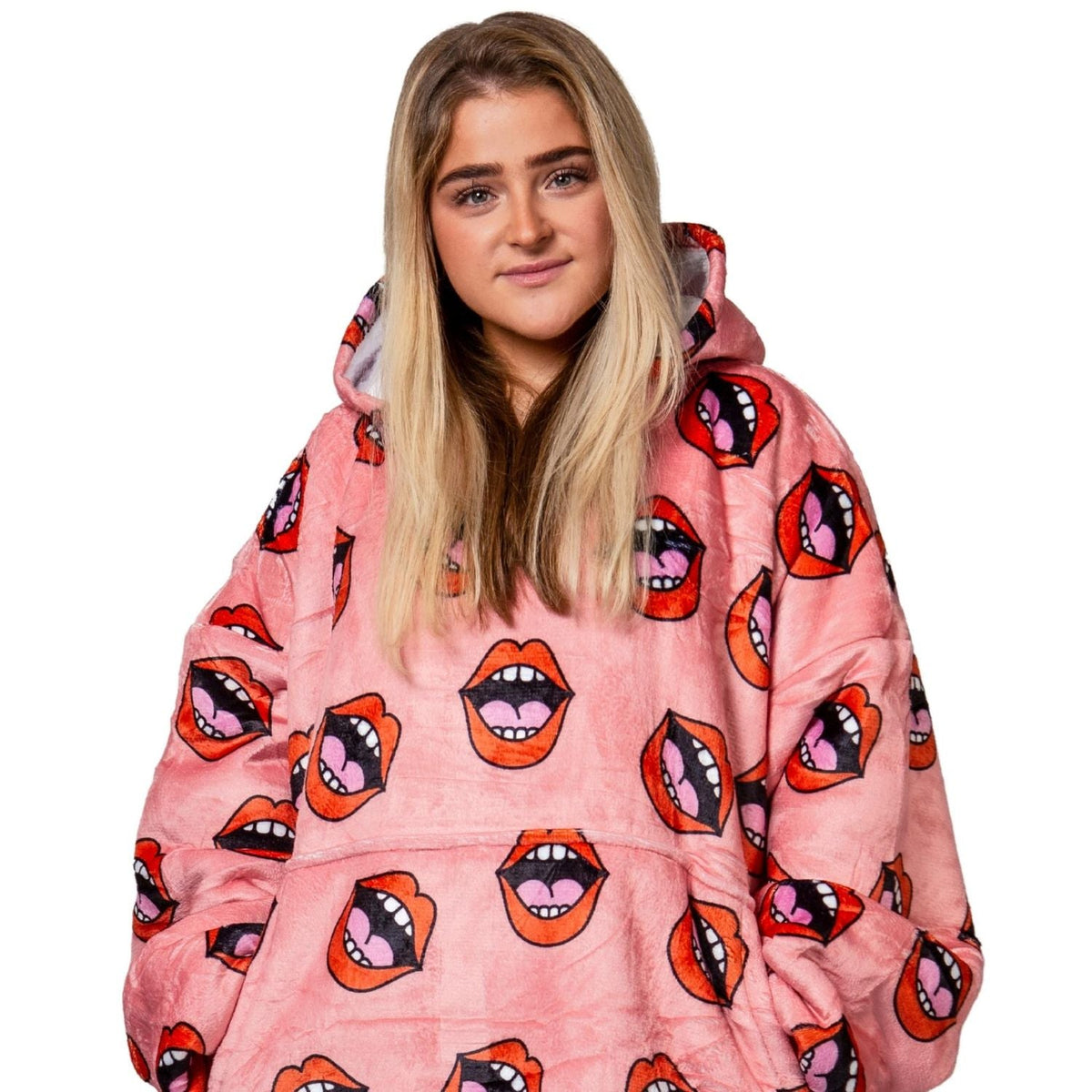 Pink Lips Print Blanket Hoodie with a Sherpa Lining