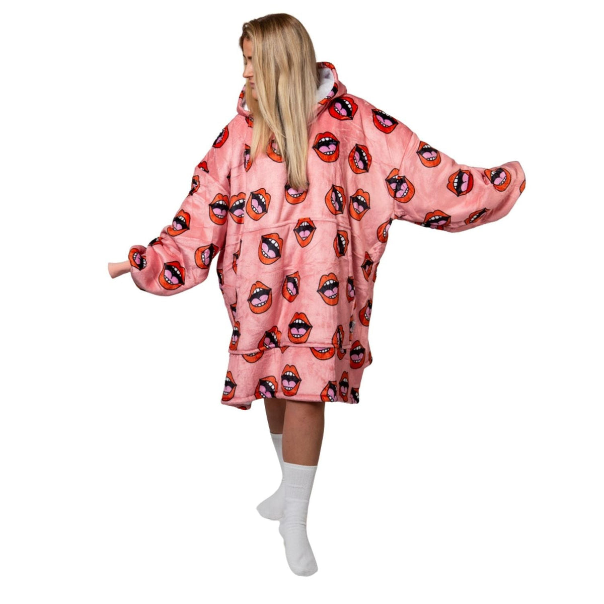 Pink Lips Print Blanket Hoodie with a Sherpa Lining
