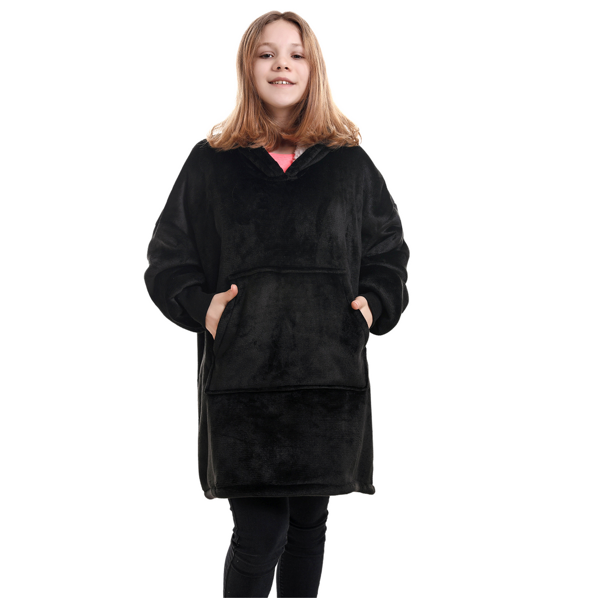 Kids' Black Blanket Hoodie with a Sherpa Lining