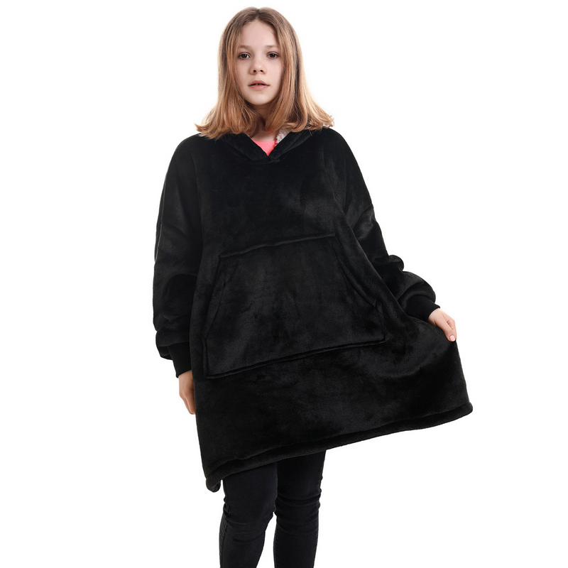 Kids' Black Blanket Hoodie with a Sherpa Lining