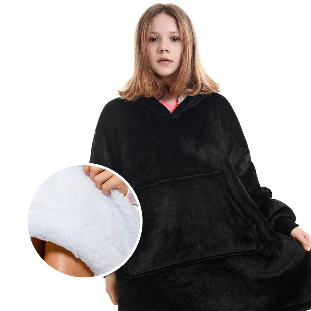 Kids' Black Blanket Hoodie with a Sherpa Lining