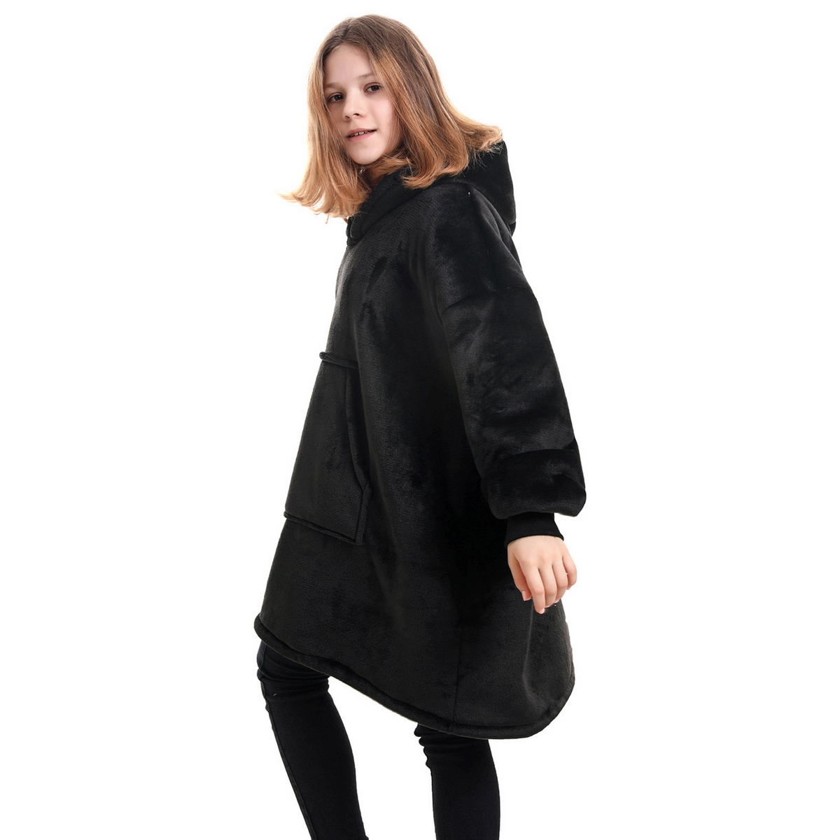 Kids' Black Blanket Hoodie with a Sherpa Lining