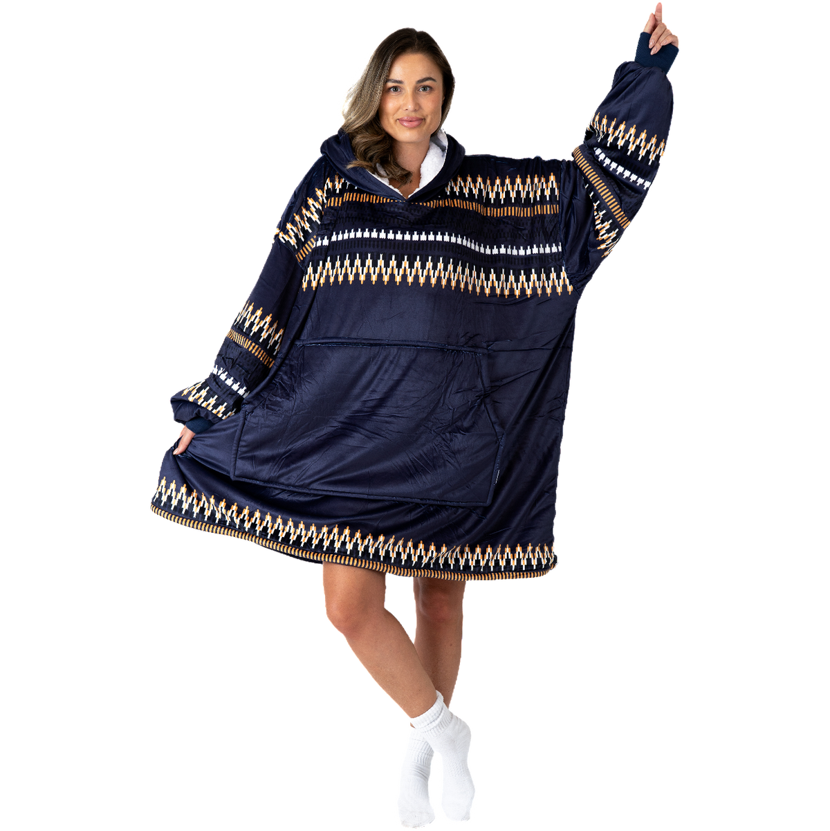Navy Aztec Blanket Hoodie with a Sherpa Lining