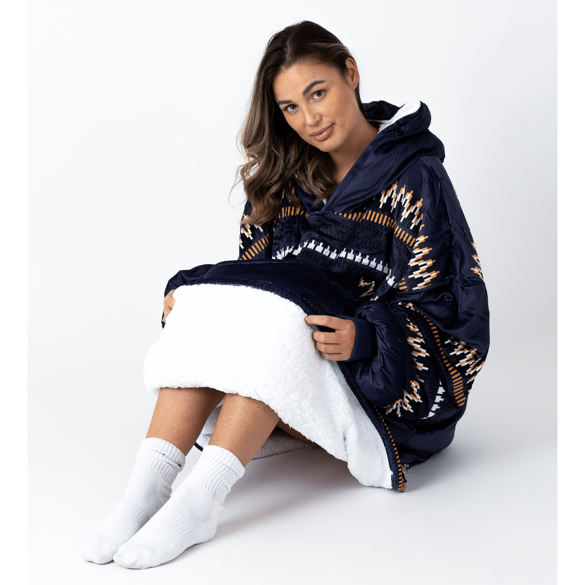 Navy Aztec Blanket Hoodie with a Sherpa Lining