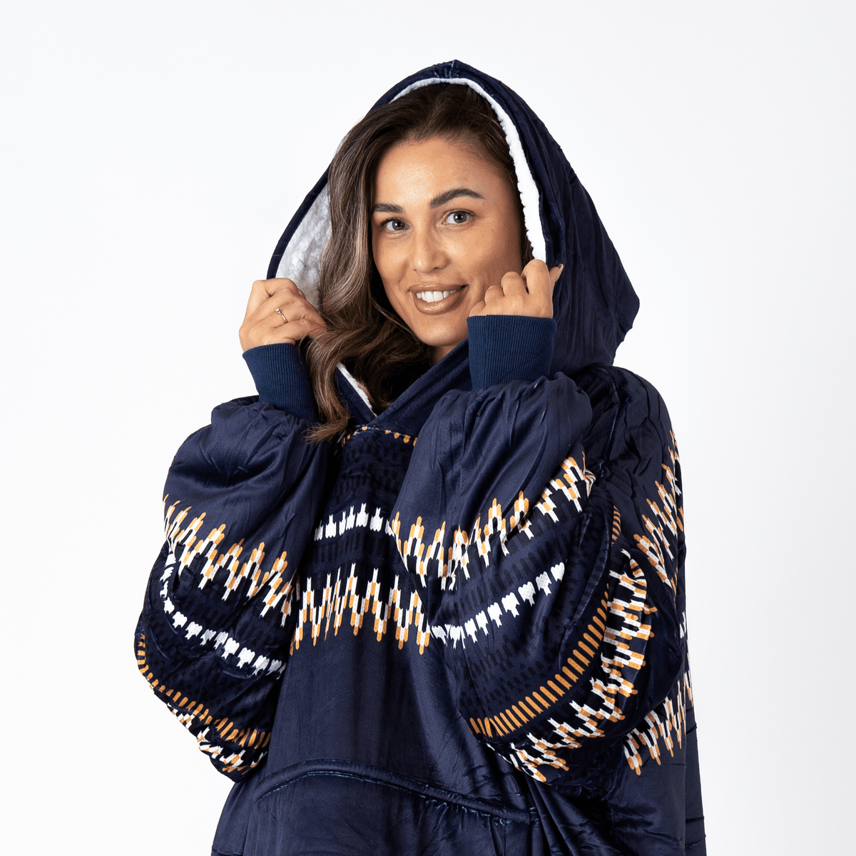 Navy Aztec Blanket Hoodie with a Sherpa Lining