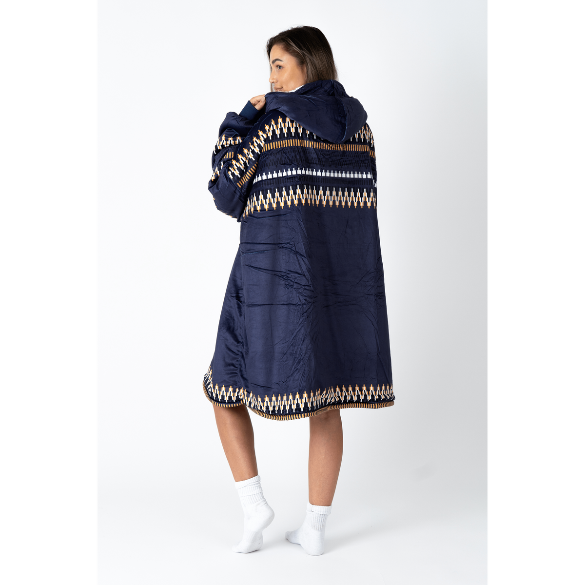 Navy Aztec Blanket Hoodie with a Sherpa Lining