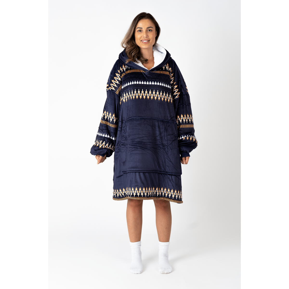 Navy Aztec Blanket Hoodie with a Sherpa Lining