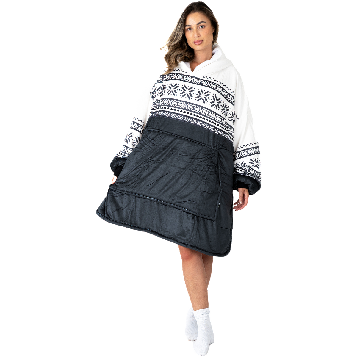 Black and White Nordic Blanket Hoodie with Sherpa