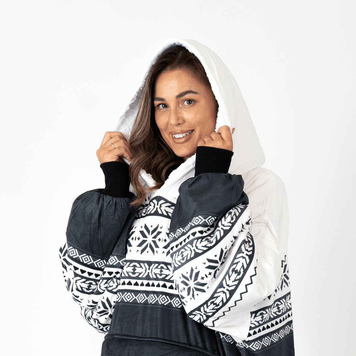 Black and White Nordic Blanket Hoodie with Sherpa