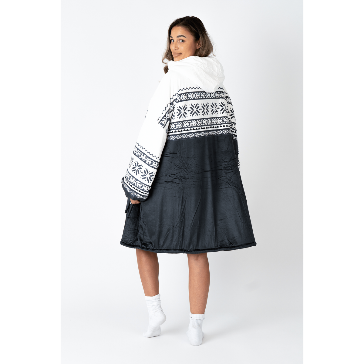Black and White Nordic Blanket Hoodie with Sherpa