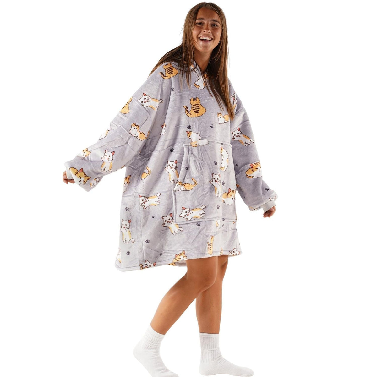 Cat Print Blanket Hoodie with a Sherpa Lining