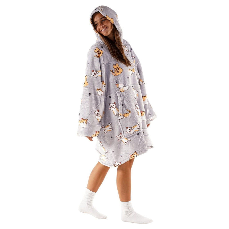 Cat Print Blanket Hoodie with a Sherpa Lining