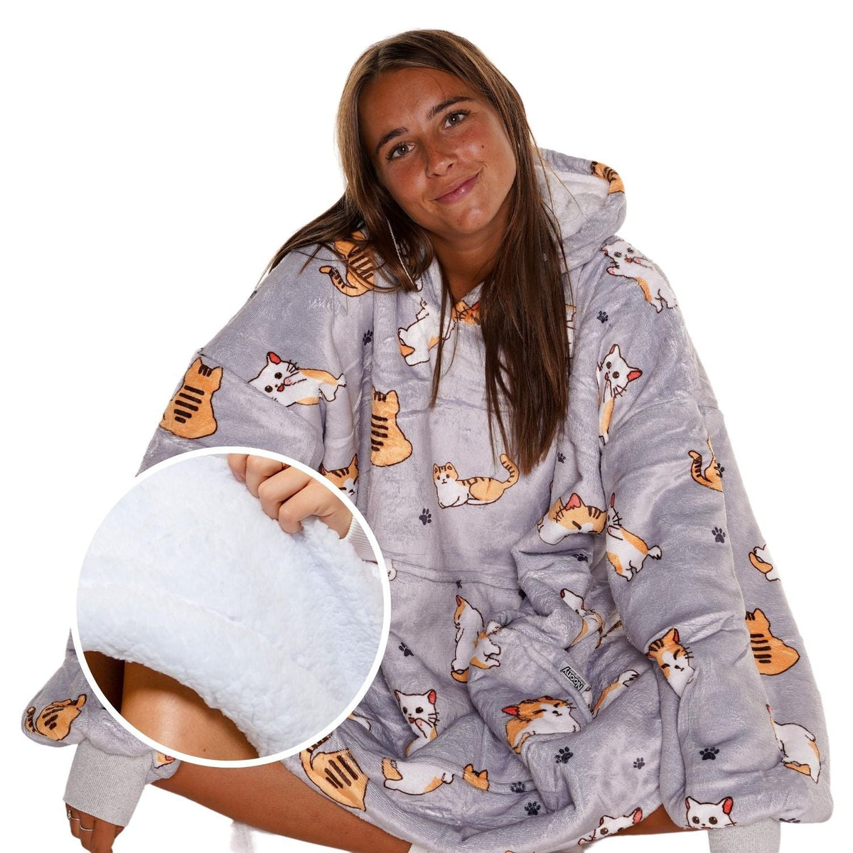 Cat Print Blanket Hoodie with a Sherpa Lining