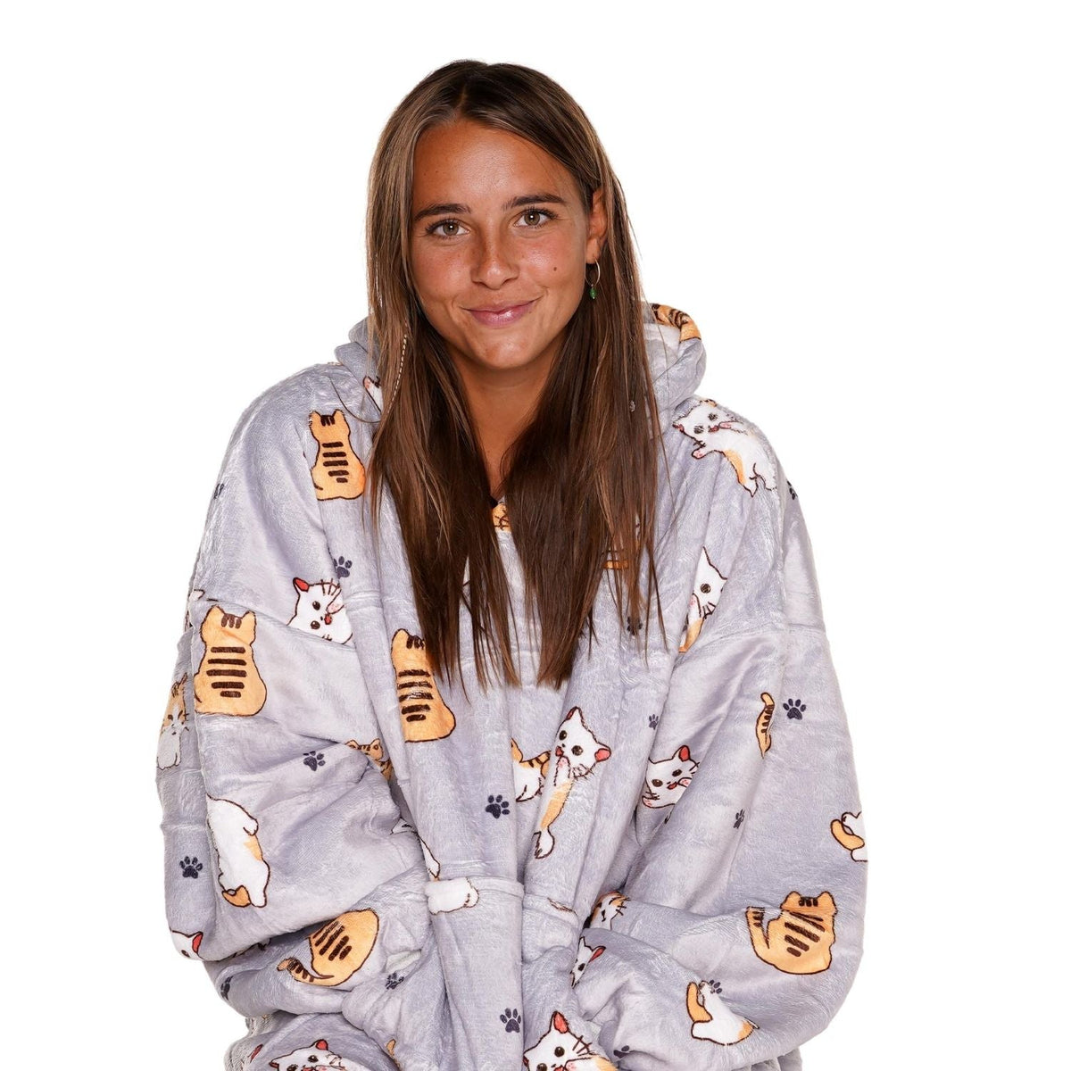 Cat Print Blanket Hoodie with a Sherpa Lining