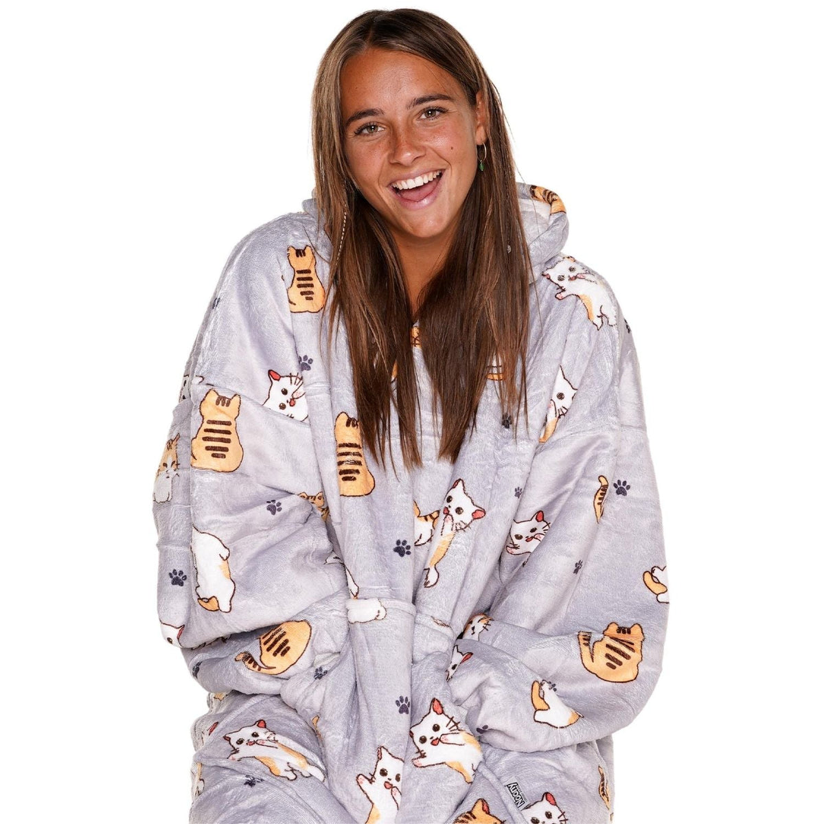Cat Print Blanket Hoodie with a Sherpa Lining