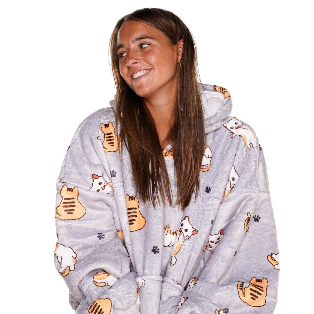 Cat Print Blanket Hoodie with a Sherpa Lining
