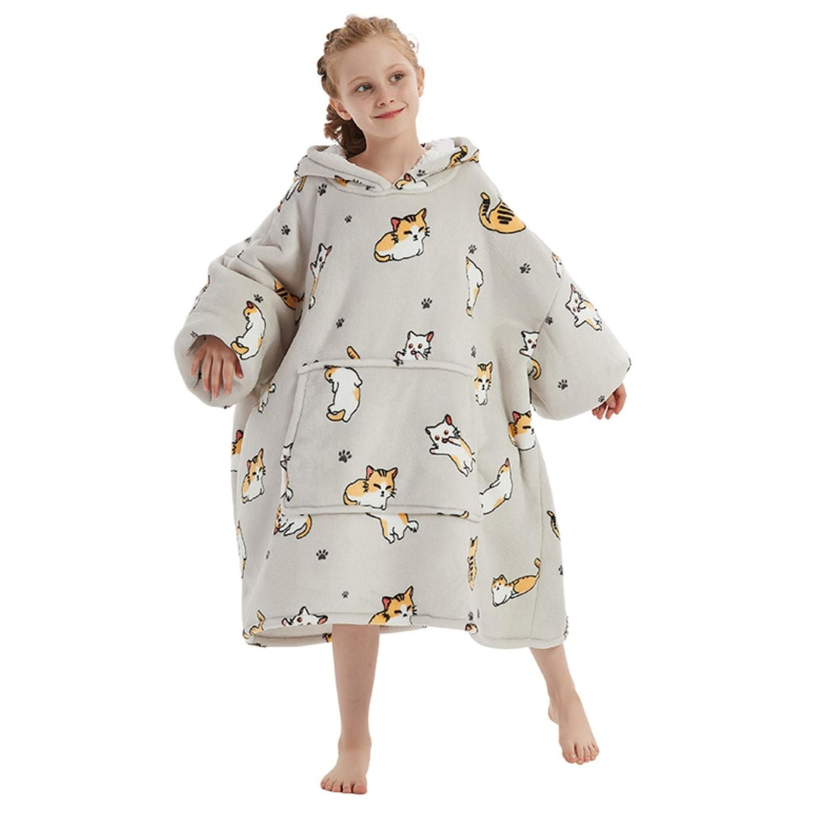 Kids' Cat Print Blanket Hoodie with a Sherpa Lining