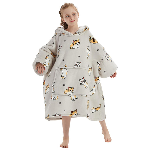 Kids' Cat Print Blanket Hoodie with a Sherpa Lining