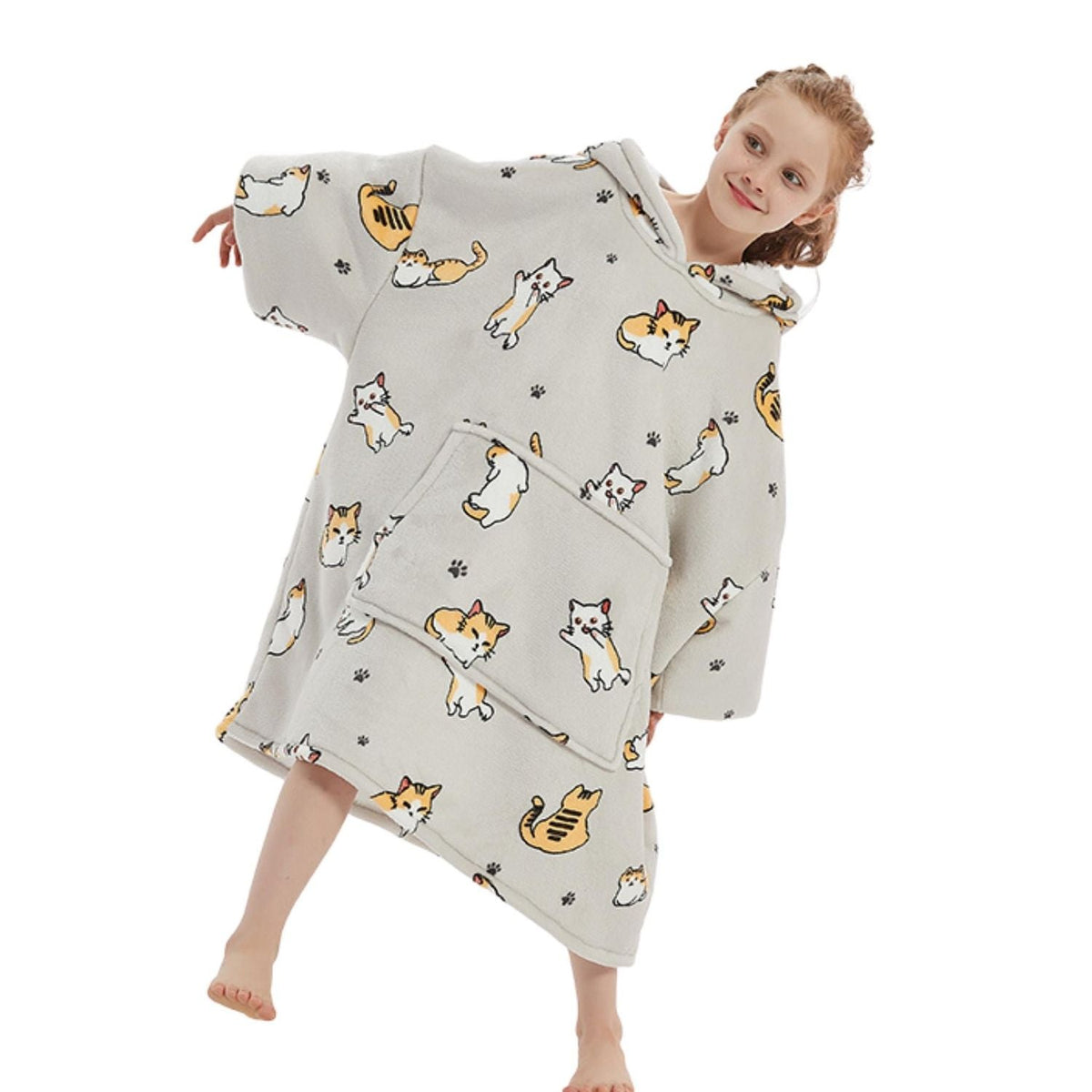 Kids' Cat Print Blanket Hoodie with a Sherpa Lining