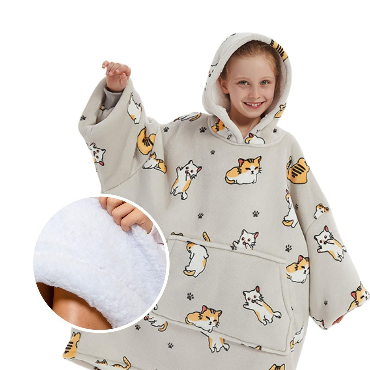Kids' Cat Print Blanket Hoodie with a Sherpa Lining