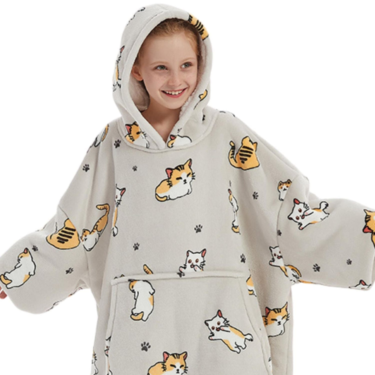 Kids' Cat Print Blanket Hoodie with a Sherpa Lining