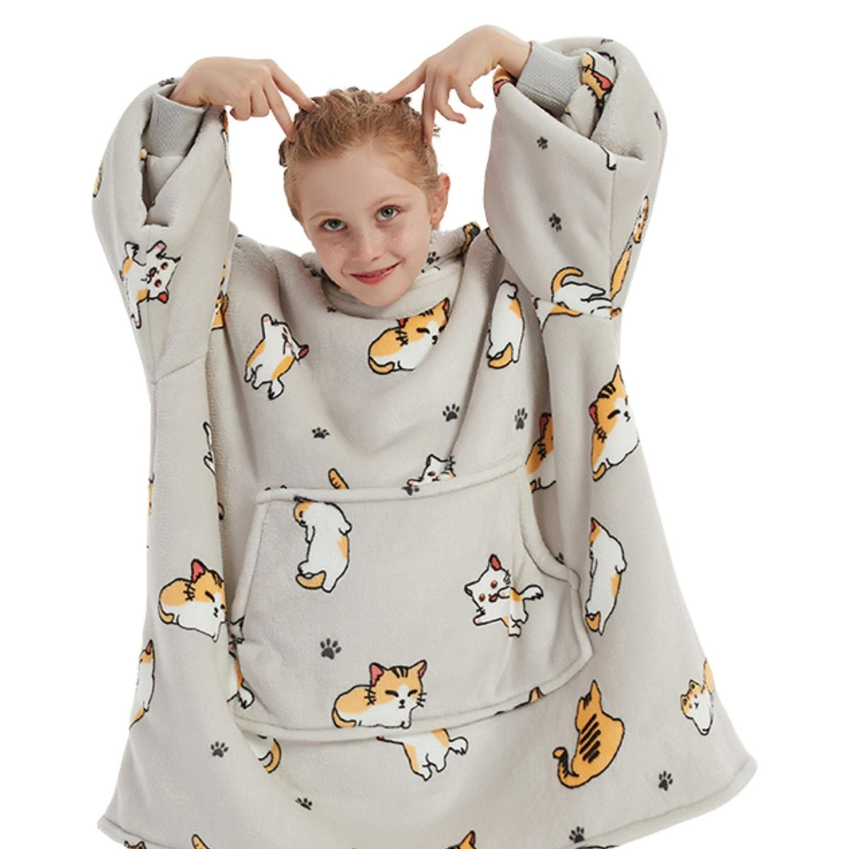 Kids' Cat Print Blanket Hoodie with a Sherpa Lining