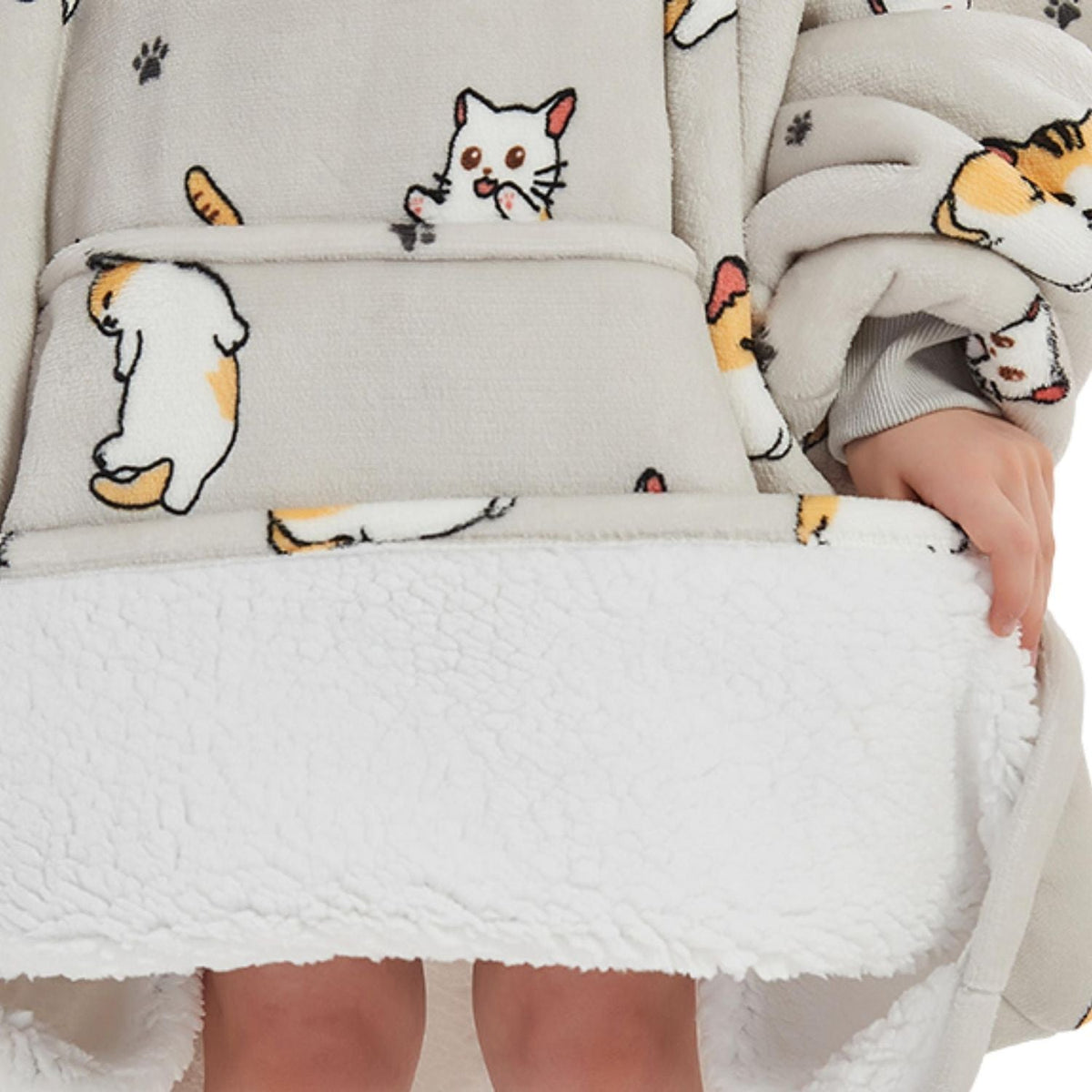 Kids' Cat Print Blanket Hoodie with a Sherpa Lining