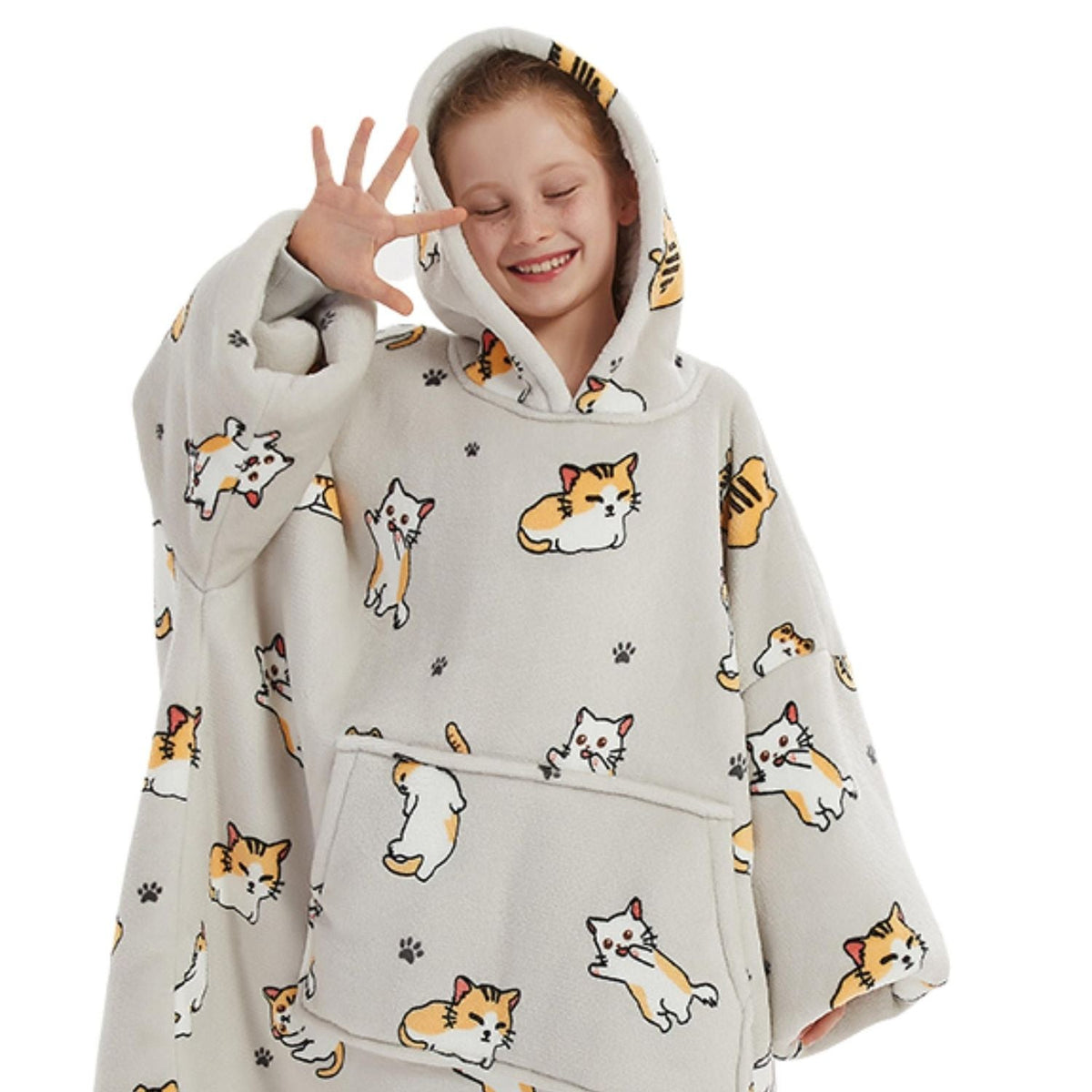 Kids' Cat Print Blanket Hoodie with a Sherpa Lining