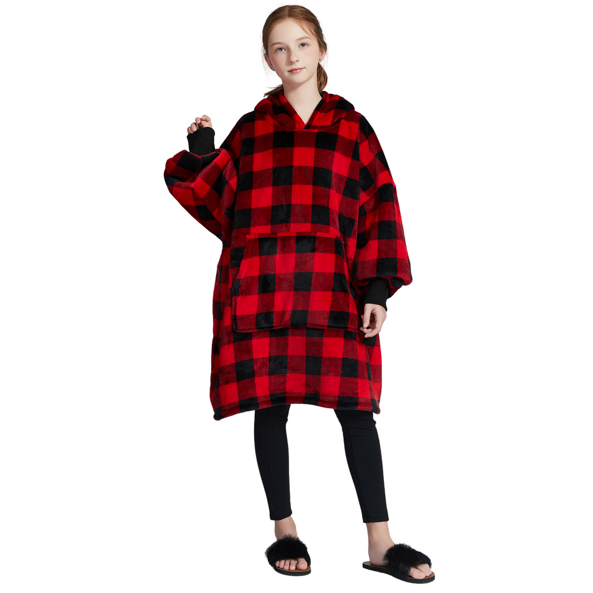 Kids' Red Check Blanket Hoodie with a Sherpa Lining