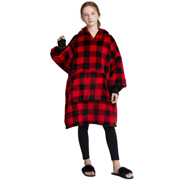 Kids' Red Check Blanket Hoodie with a Sherpa Lining