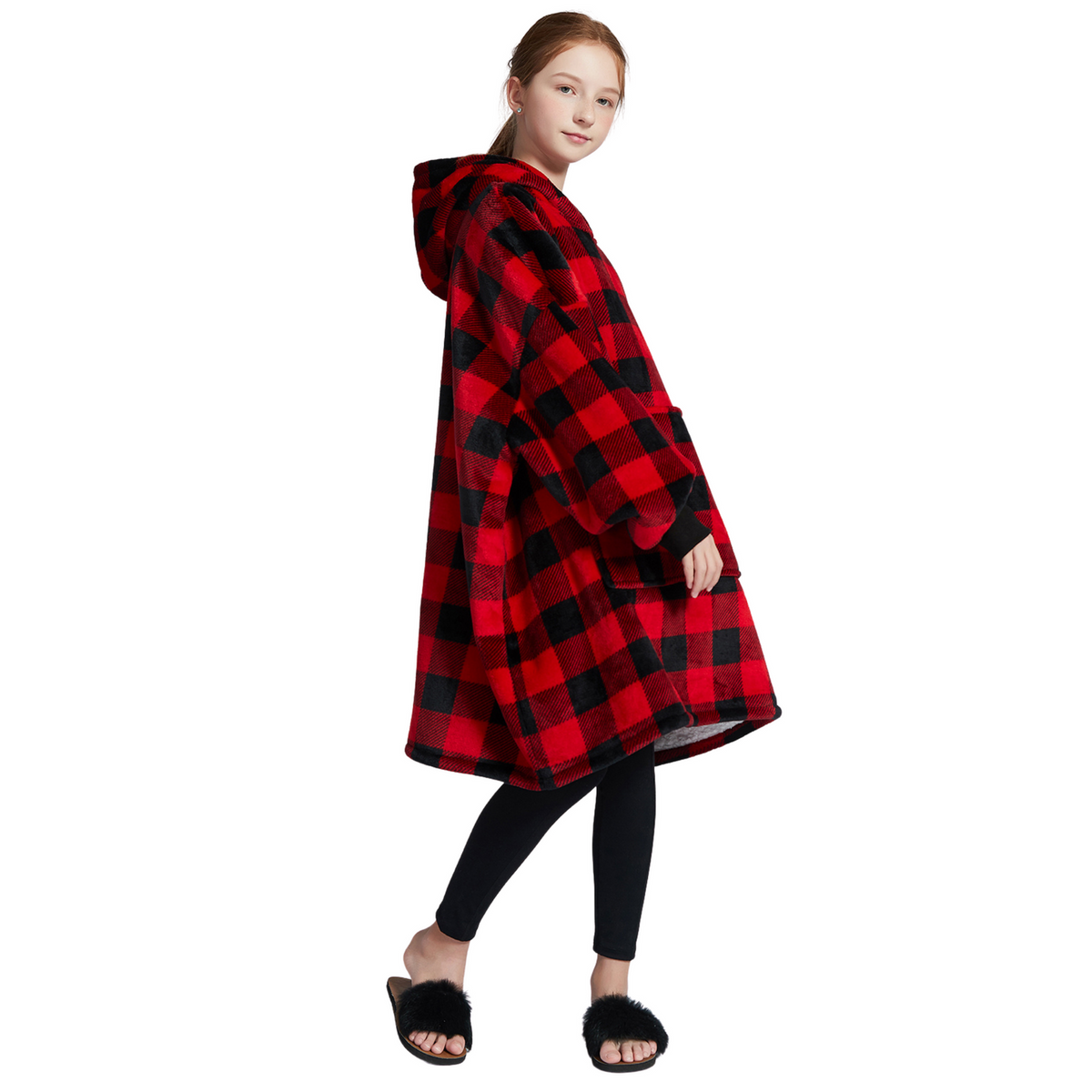 Kids' Red Check Blanket Hoodie with a Sherpa Lining