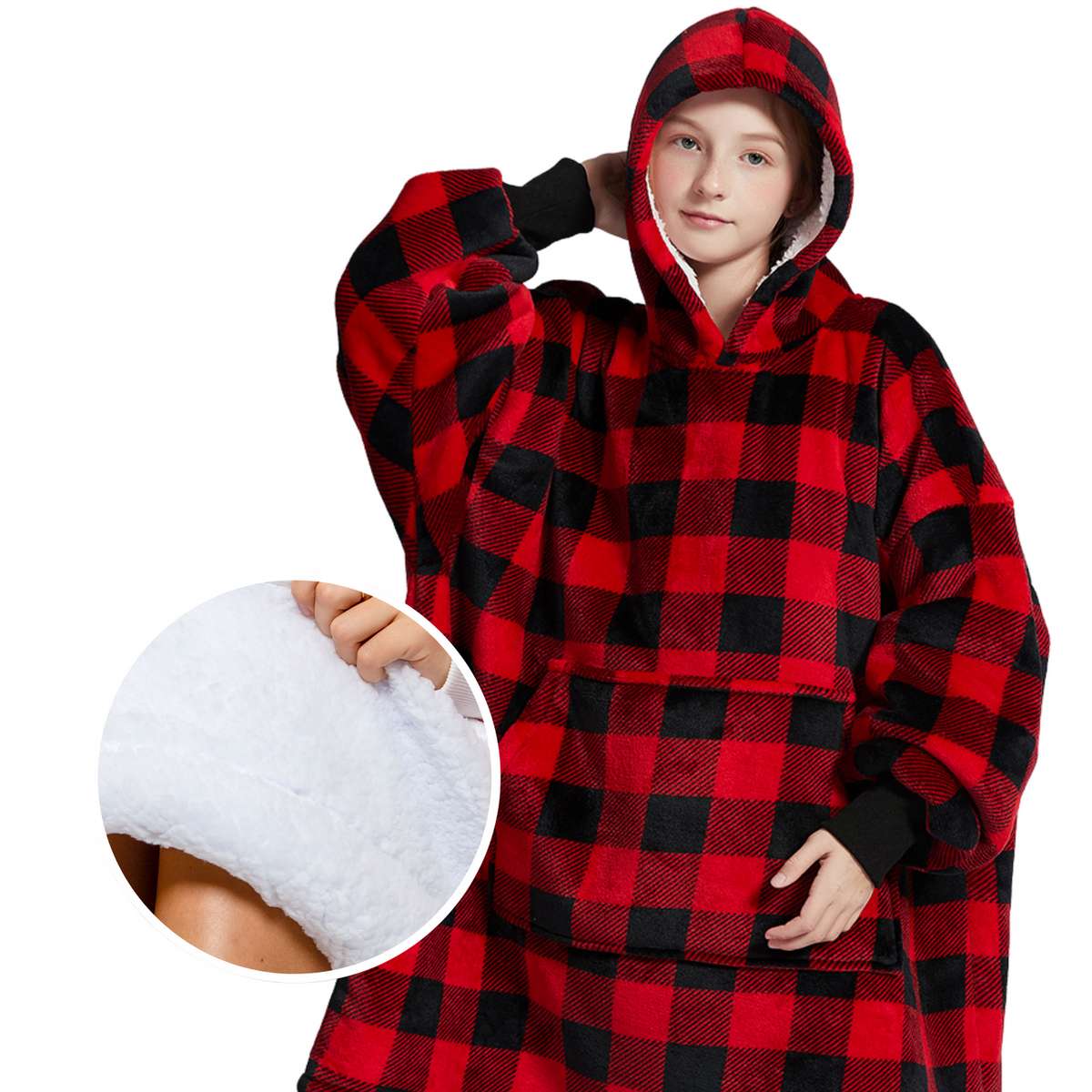 Kids' Red Check Blanket Hoodie with a Sherpa Lining