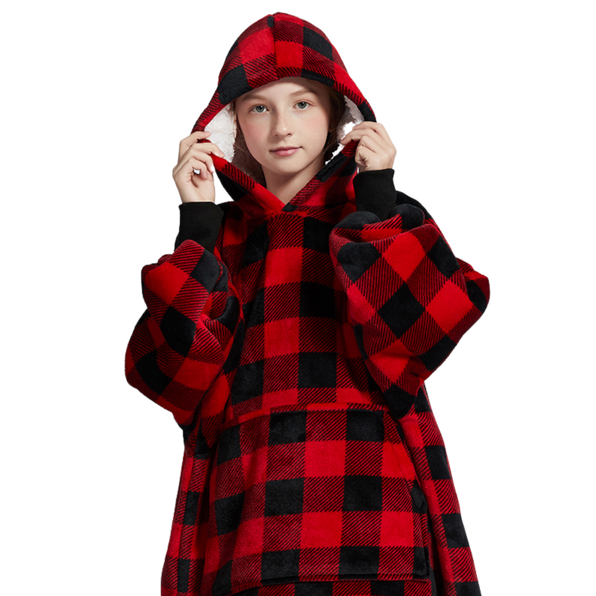 Kids' Red Check Blanket Hoodie with a Sherpa Lining