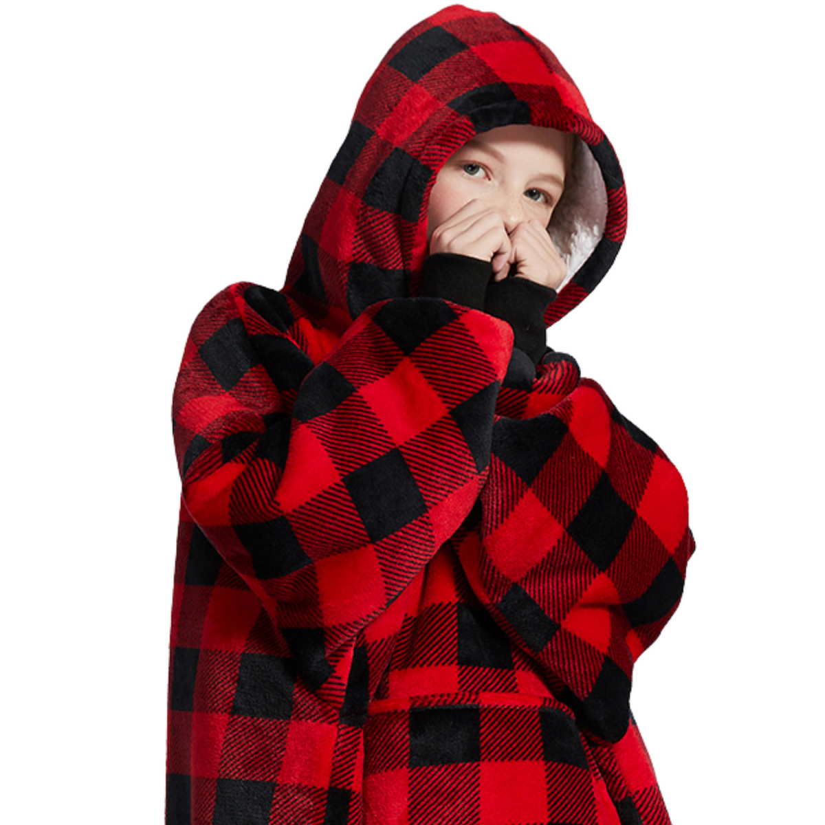 Kids' Red Check Blanket Hoodie with a Sherpa Lining