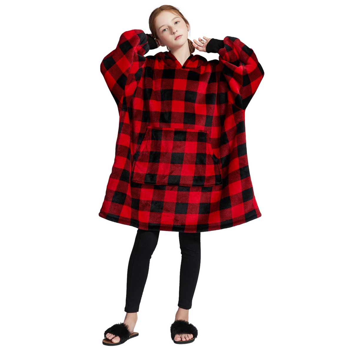 Kids' Red Check Blanket Hoodie with a Sherpa Lining