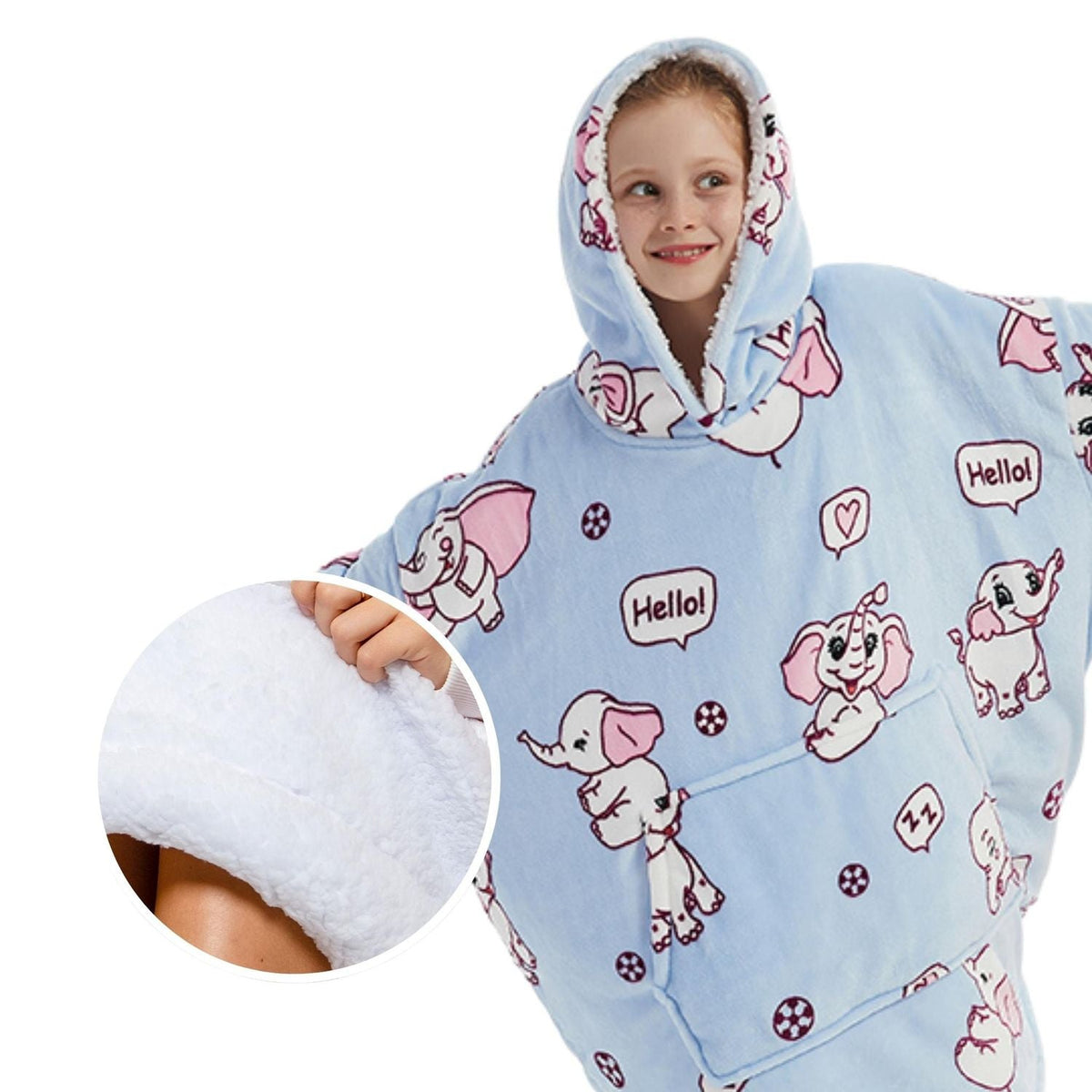 Kids' Elephant Print Blanket Hoodie with Sherpa Lining