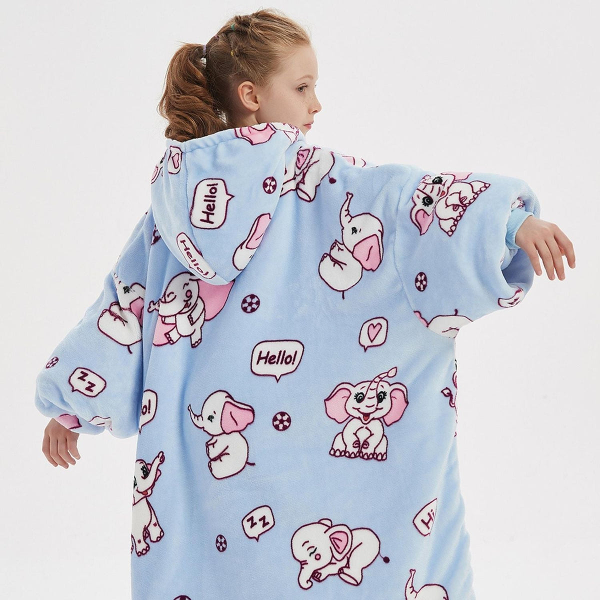 Kids' Elephant Print Blanket Hoodie with Sherpa Lining