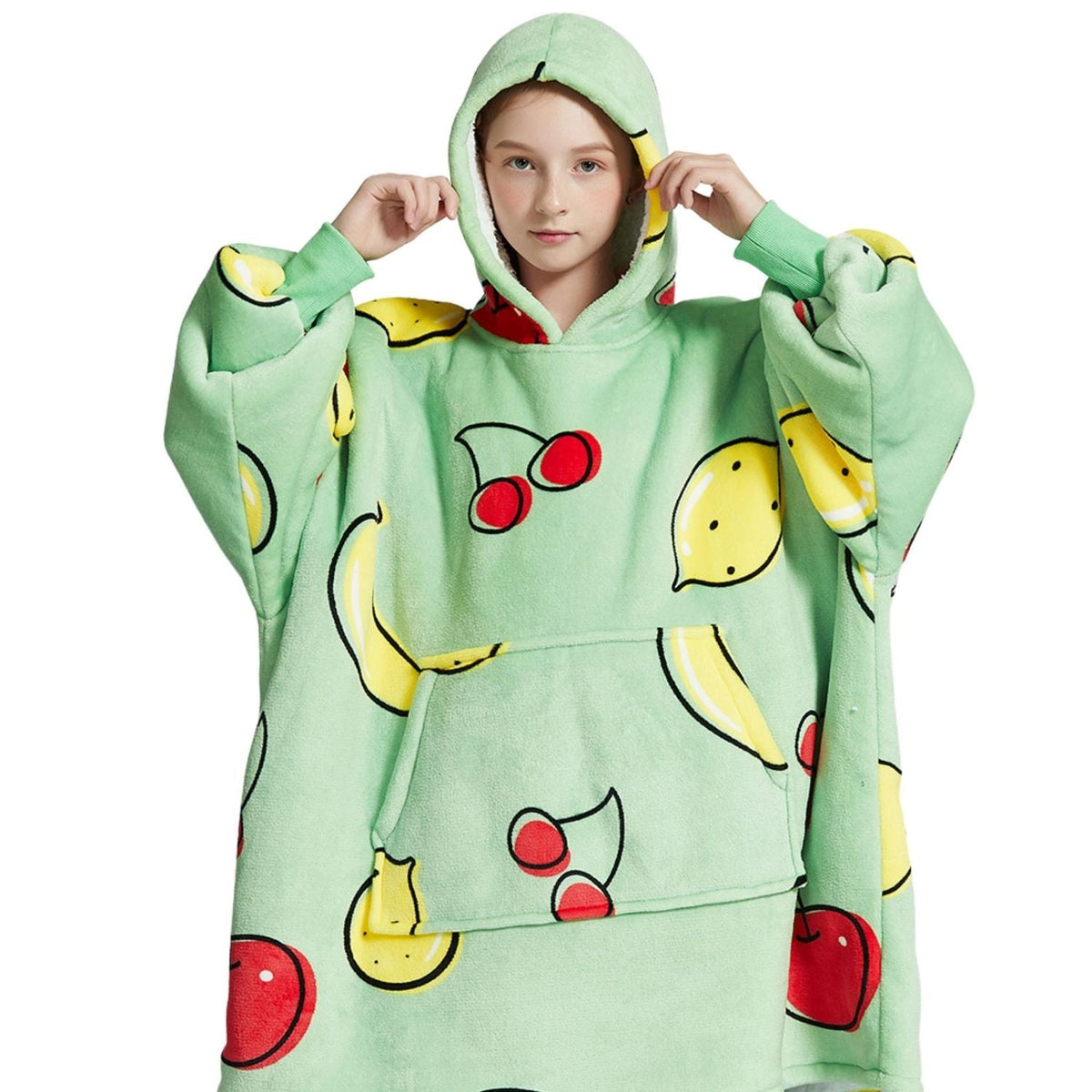 Kids' Fruit Print Blanket Hoodie with a Sherpa Lining
